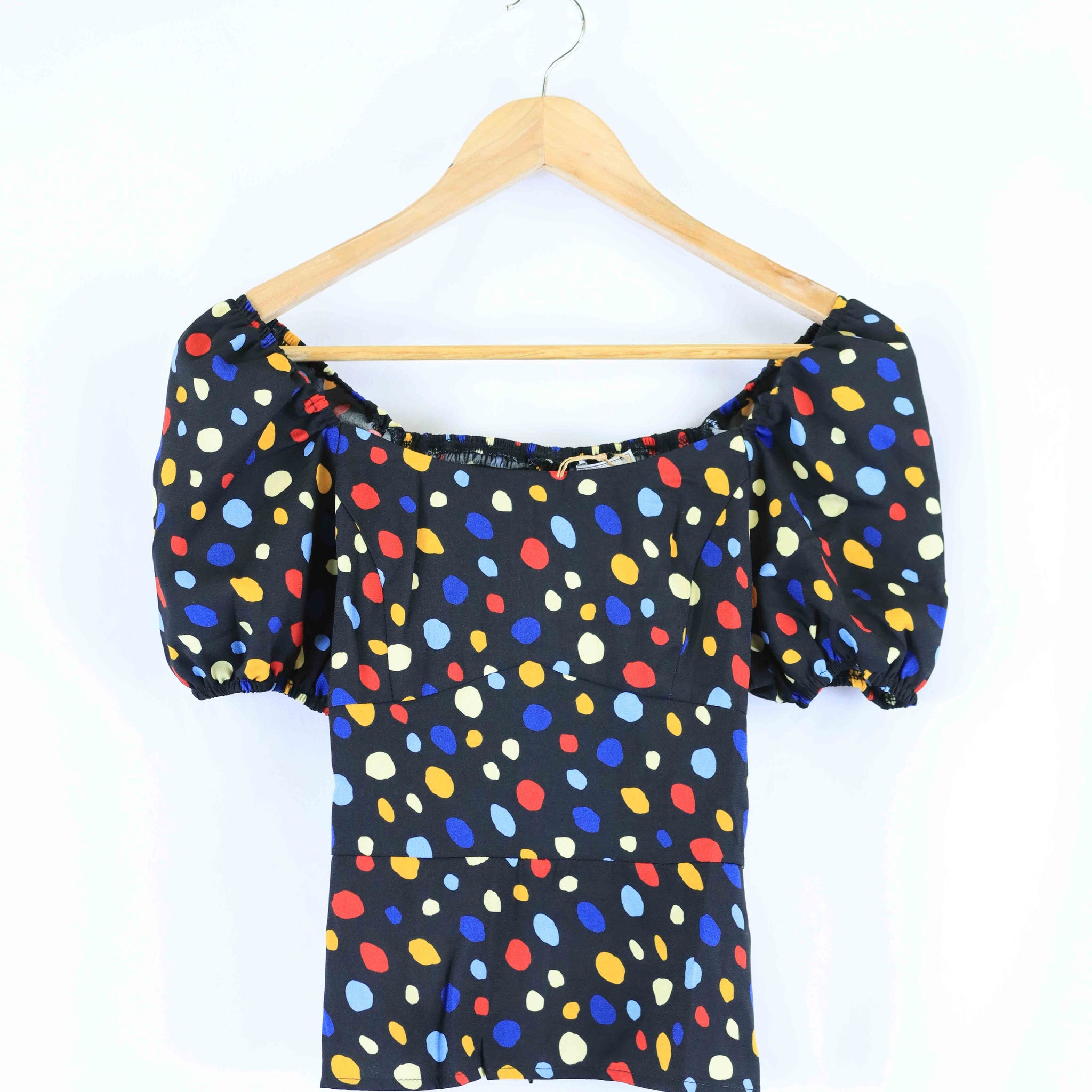 Rihoas Black and Multi Spotted Puff Sleeve Top M