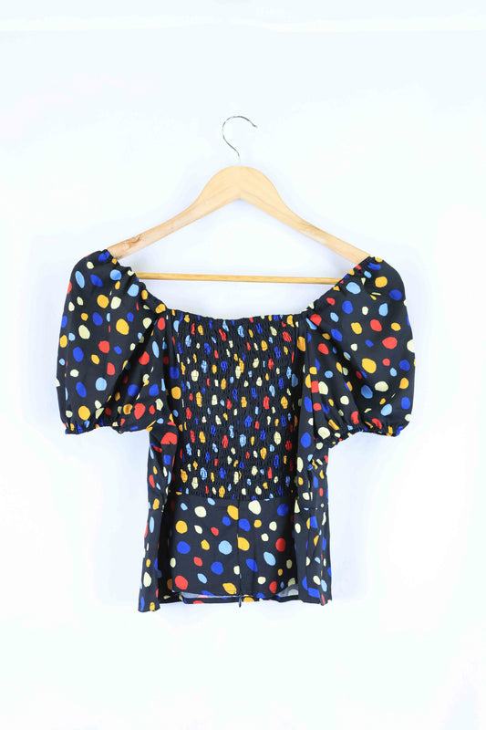 Rihoas Black and Multi Spotted Puff Sleeve Top M