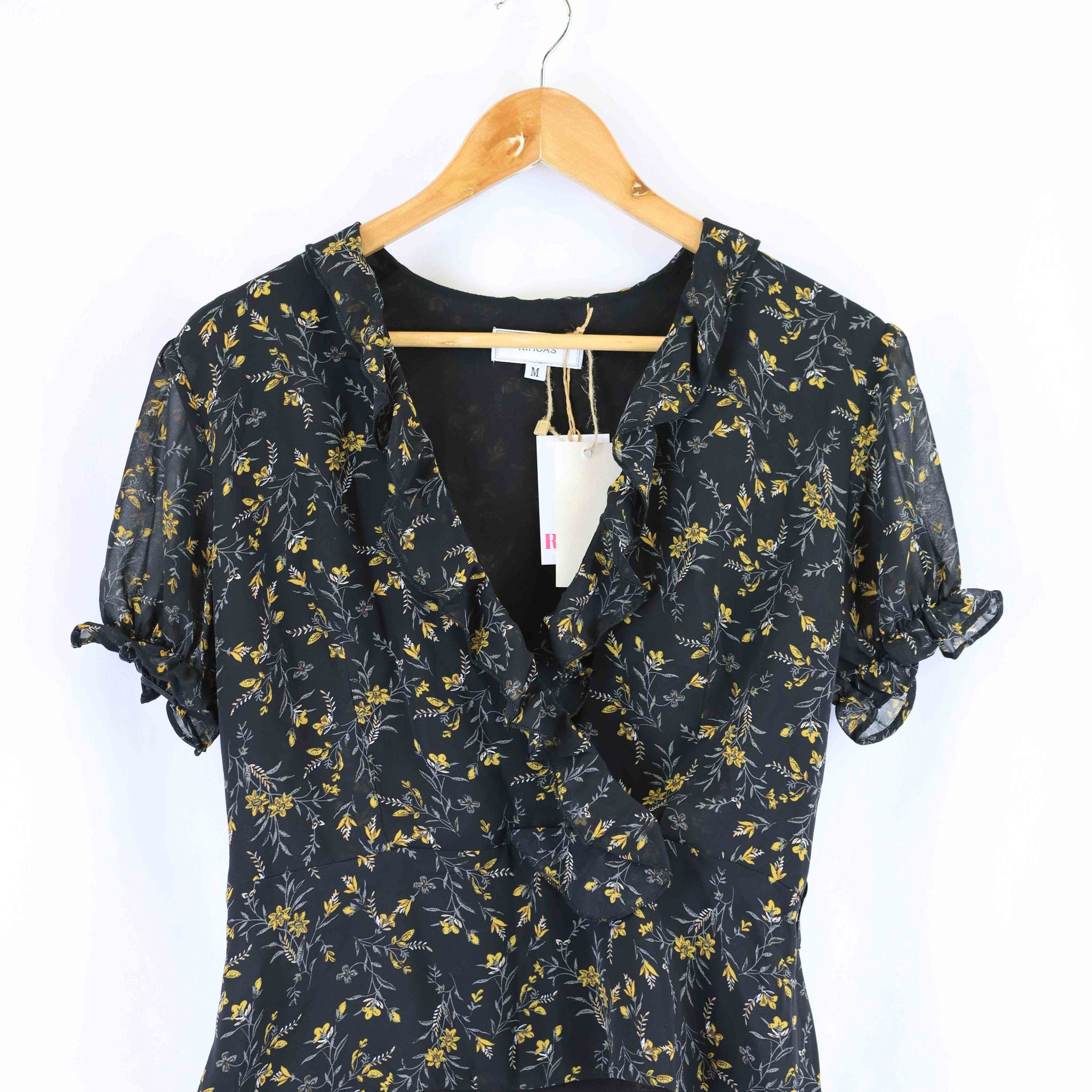 Rihoas Black and Yellow Floral Top M