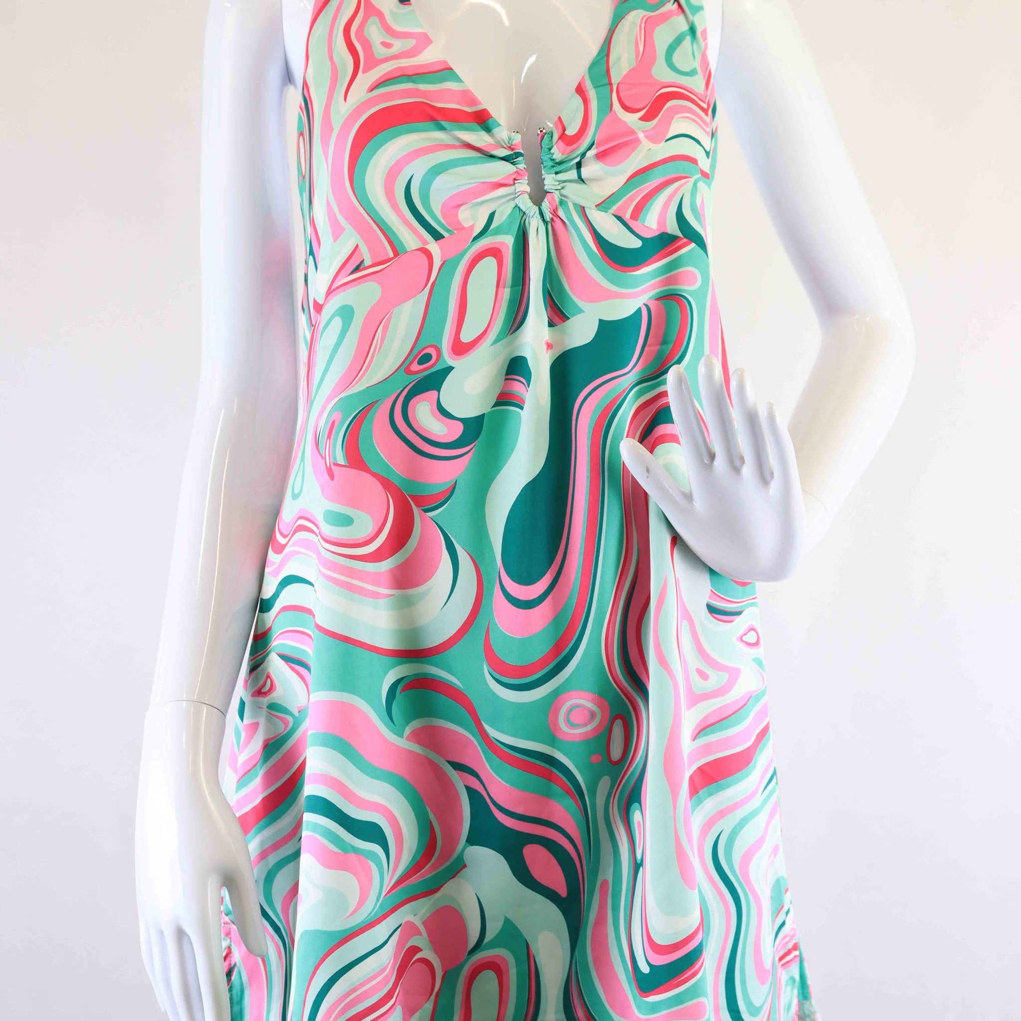 Princess Polly Pink Green Mutli Print Halter Mini Dress 14