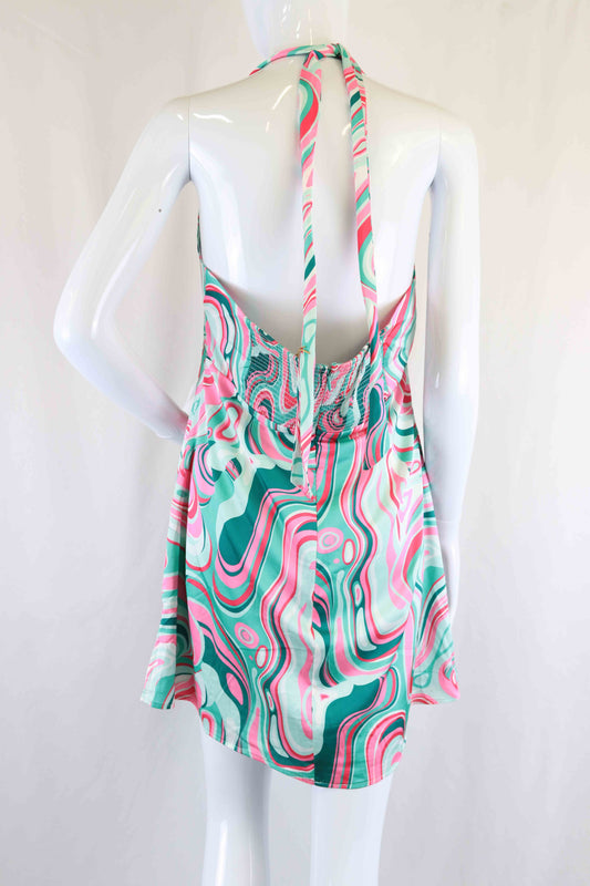 Princess Polly Pink Green Mutli Print Halter Mini Dress 14