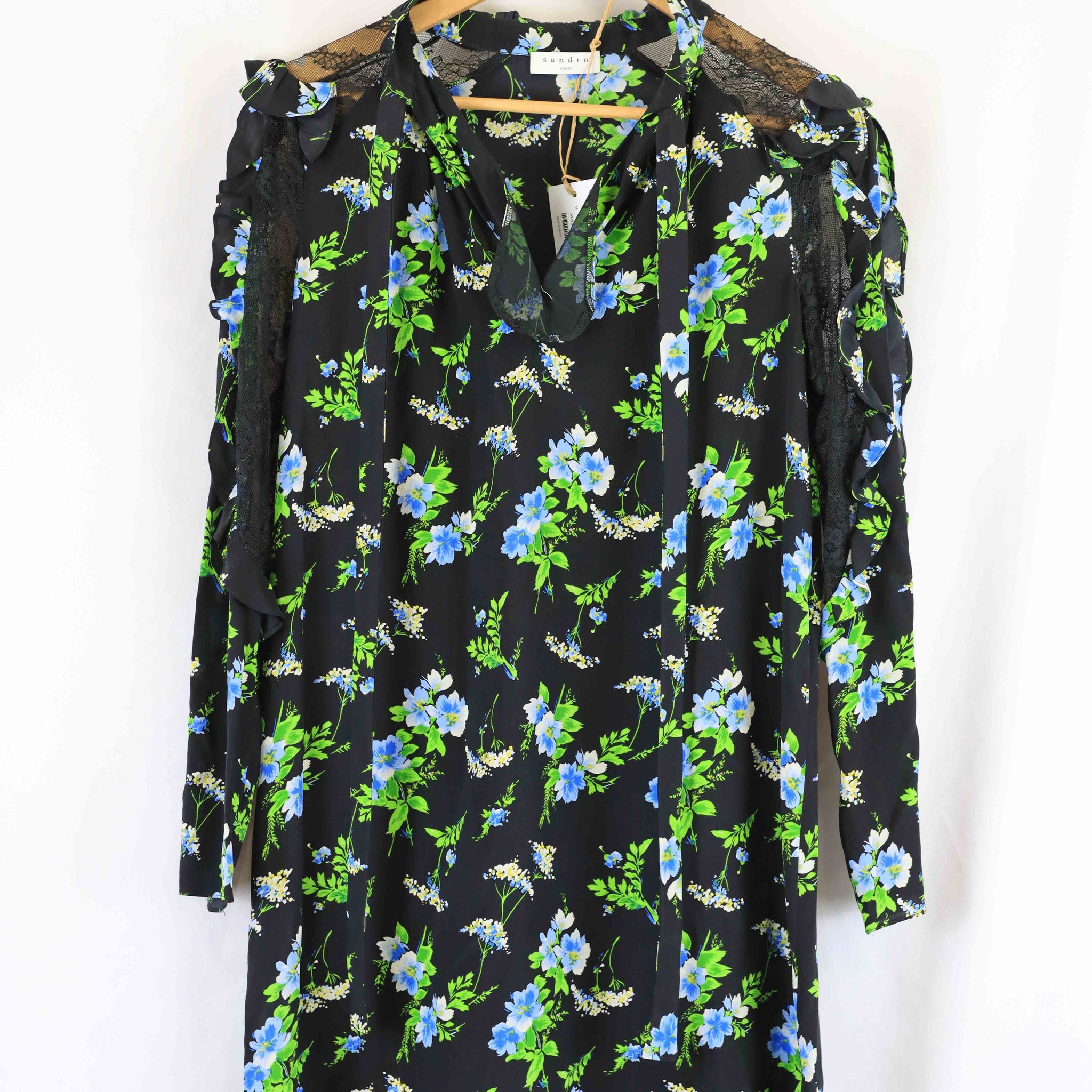 Sandro Black And Green Floral Dress M