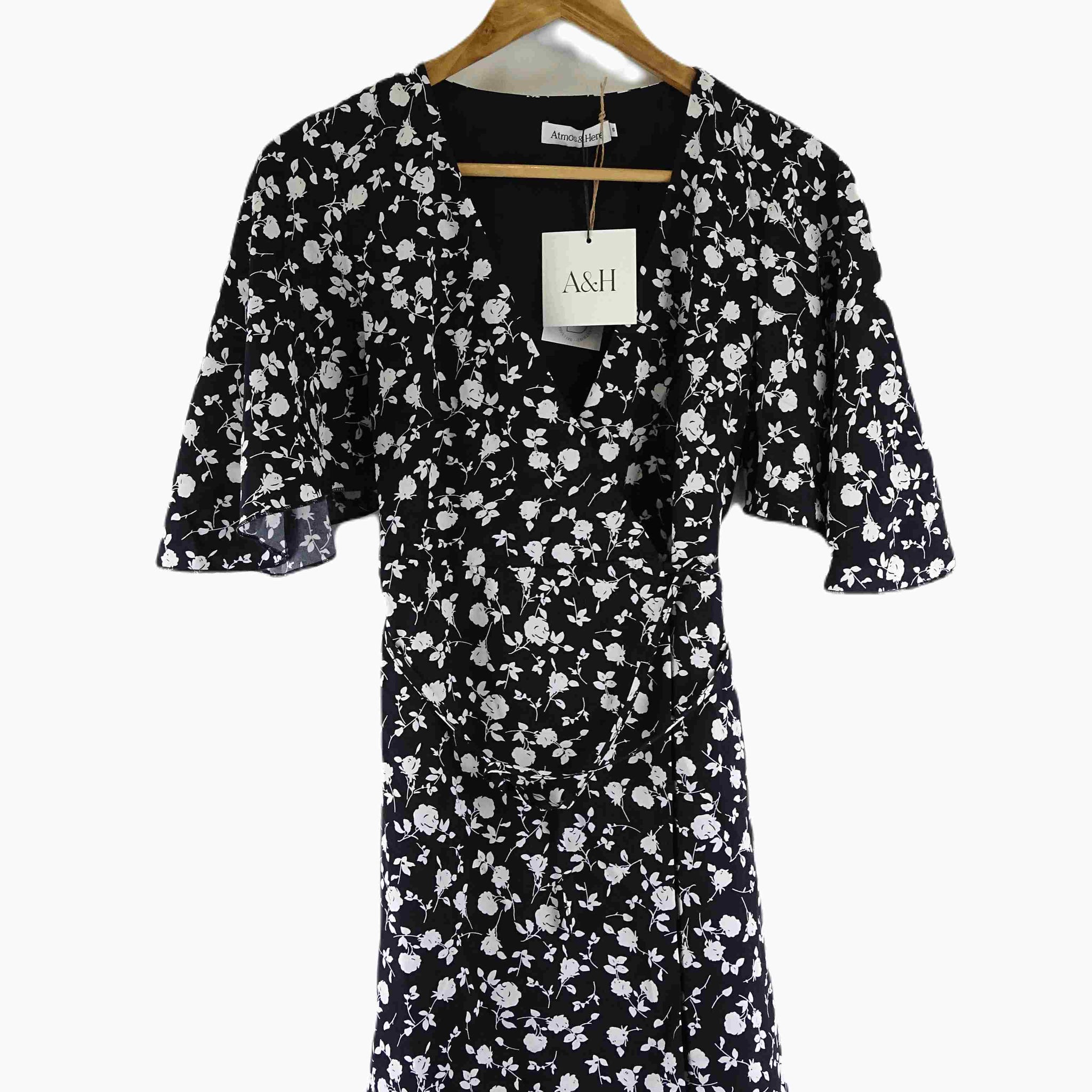 Atmos & Here Black and White Floral Wrap Mini Dress 6