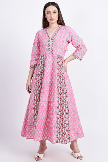 Panelled Cotton Maxi Dress - Pink