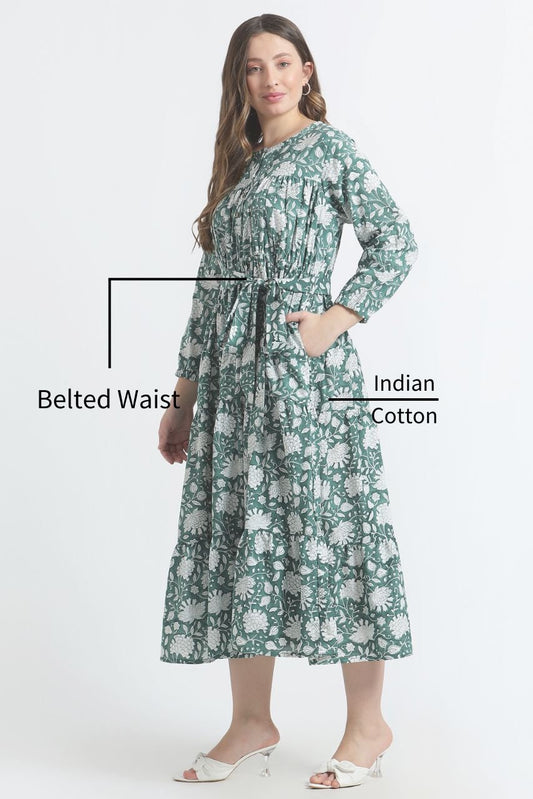 Sahiba Block Print Dress - Green