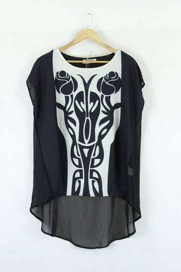 Zeagoo Black and White Printed Blouse M