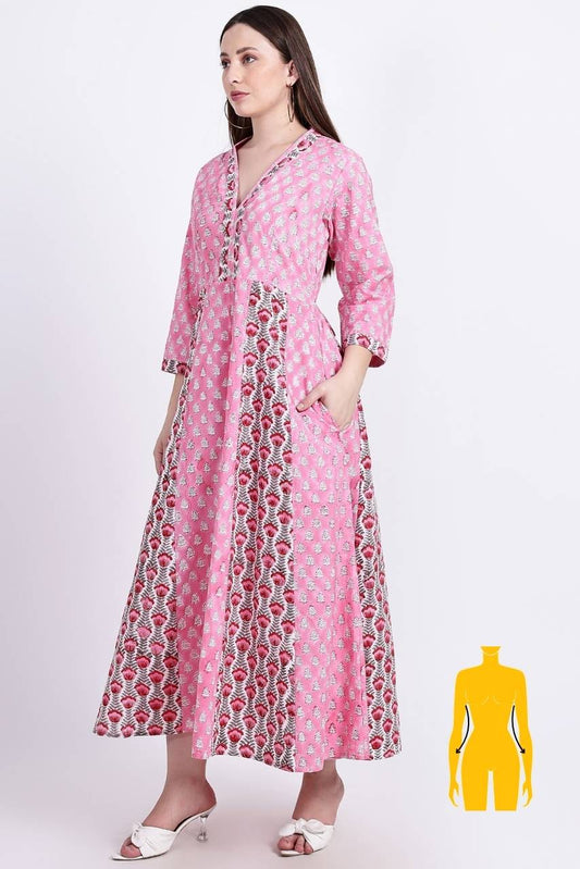 Panelled Cotton Maxi Dress - Pink