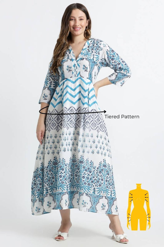 Panelled Cotton Maxi Dress - Blue