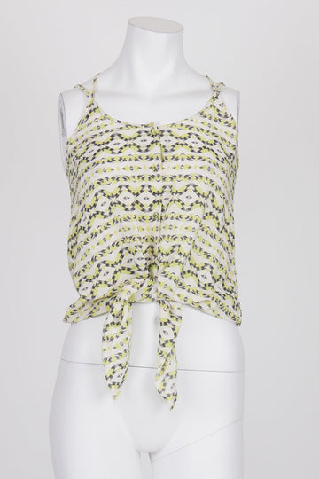 Forever New Lime and White Patterned Button Front Tie Front Silk Top 6