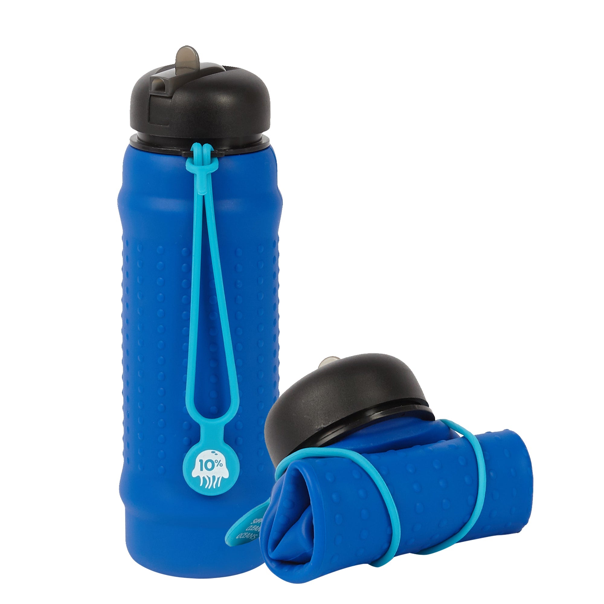 Cobalt, Black + Aqua, Collapsible Water Bottle