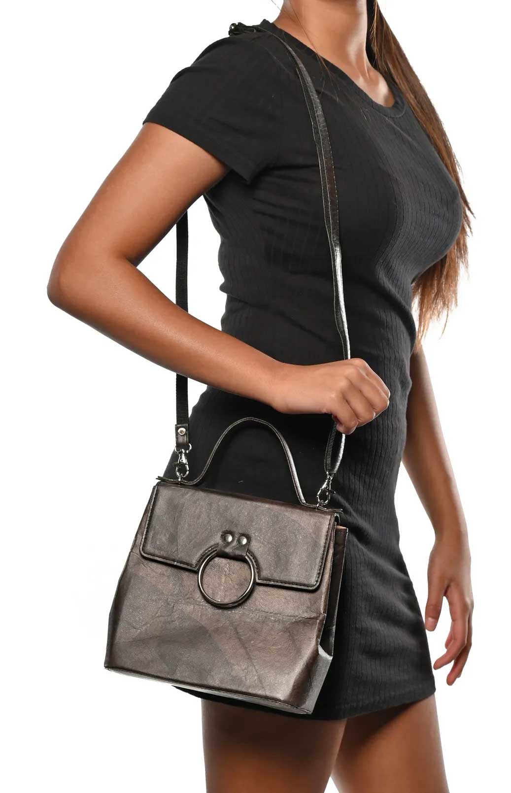 Vegan Leather Handbag - Black Brown