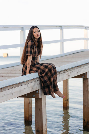 Yarn Dyed Check Wrap Dress - Walnut brown