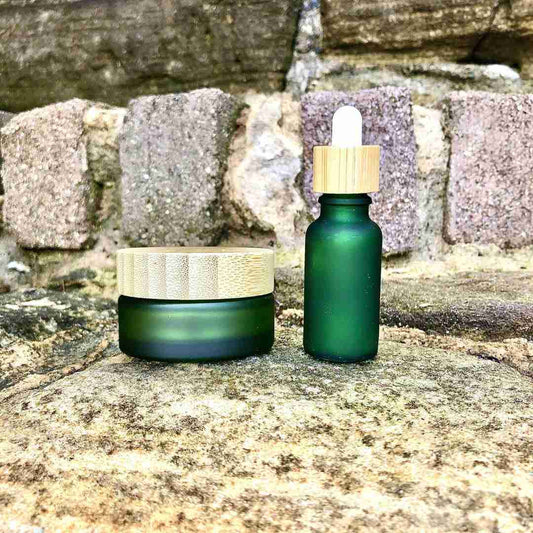 Frosted Green Glass Cosmetic Jar & Dropper