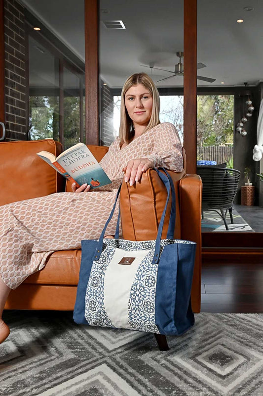 Navy Blue & Natural Organic Cotton Tote Bag