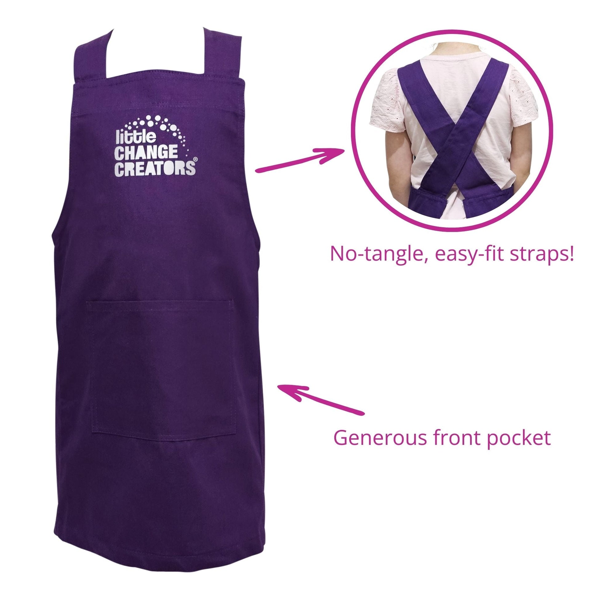 A child's purple apron with no loose ties for easy fitting.  The front of the apron has a Little Change Creators logo.