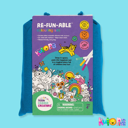 A Kasey Rainbow colouring set with a Kutopia theme.  The set displays the Little Change Creators logo and comes in colourful packaging.