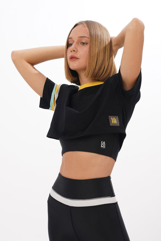 Throwback Panelled Cotton Crop Tee in Black