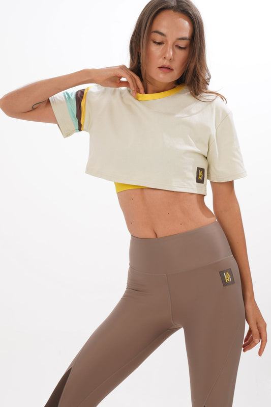 Throwback Panelled Cotton Crop Tee in Oat