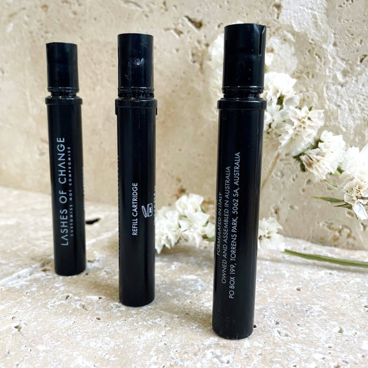 Refillable custom mascara. Cruelty free eye makeup. Best sensitive eyes custom mascara. Vegan makeup Australia. Eco friendly mascara. The best mascara in Australia. brown mascara. black mascara. water resistant mascara 