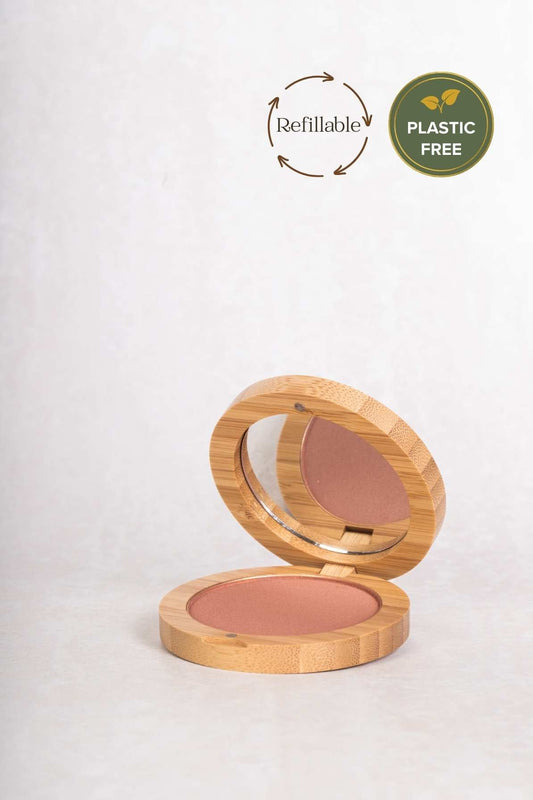 Scoop Whole Beauty dusty pink pure pressed mineral blush in sustainable bamboo refillable compact