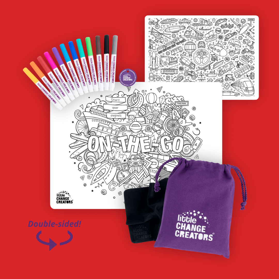 A double-sided silicone colouring mat featuring vehicles and various transportation.  The mat comes with 12 coloured markers and a purple fabric carry bag.