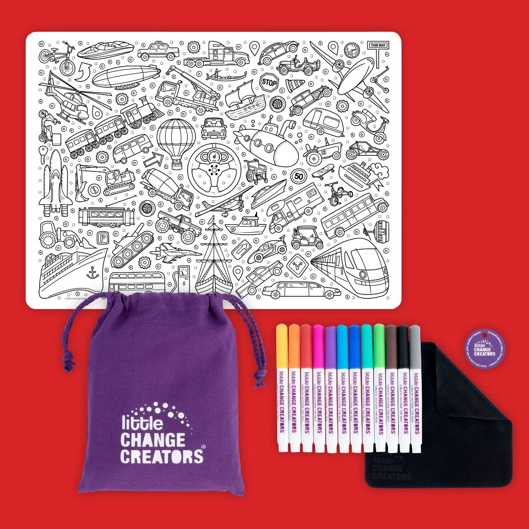 A transport-themed colour-in picture on a white silicone mat.  A purple carry bag and 12 colourful pens are also included in the image.